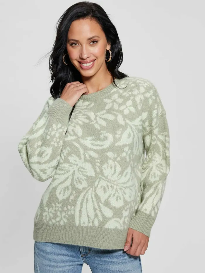 GUESS Hibiscus WoolBlend Sweater Folk Floral Print Light M Women Sweaters and Knits