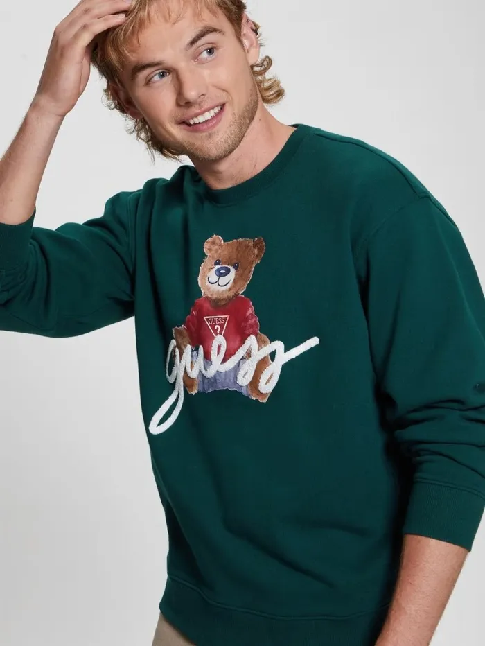 GUESS Hoodies and Sweaters Men Max Logo Bear Sweatshirt Dark Jade