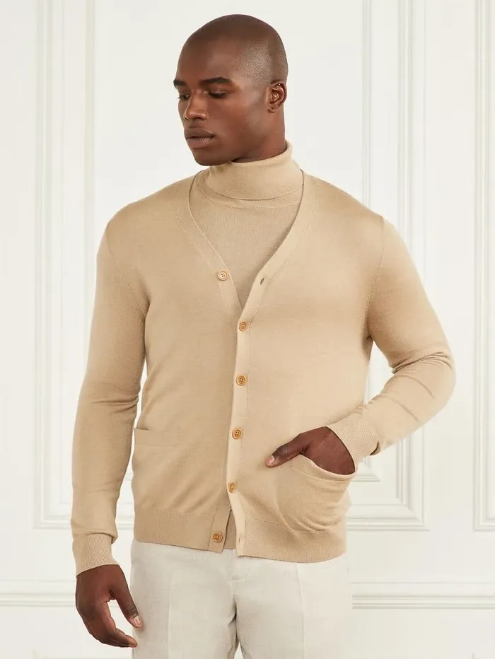 GUESS Hoodies and Sweaters Men Merino Wool Essential Cardigan Herb Tan GUESS Hoodies and Sweaters Men Merino Wool Essential Cardigan Herb Tan
