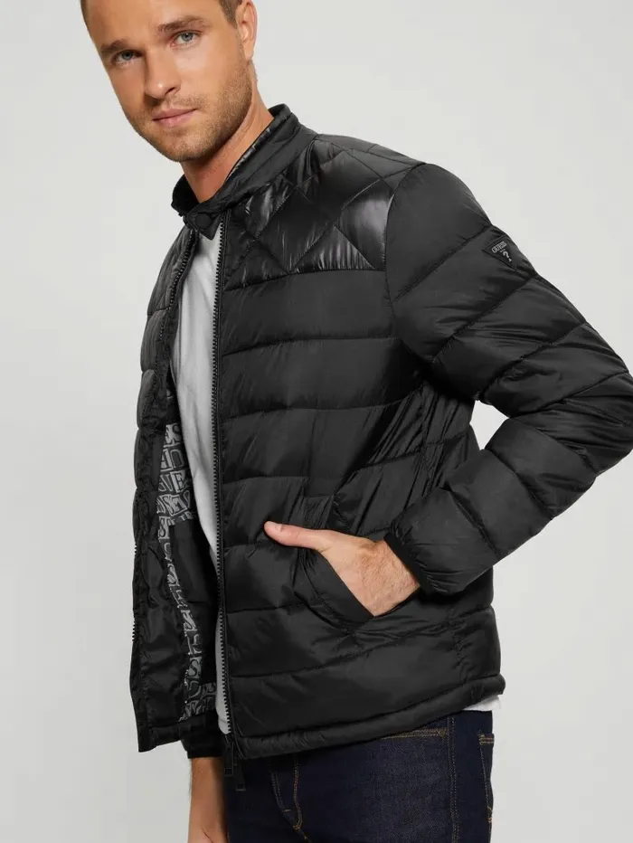 GUESS Jackets and Coats Men Eco Lightweight Puffer Jacket Jet Black Multi GUESS Jackets and Coats Men Eco Lightweight Puffer Jacket Jet Black Multi