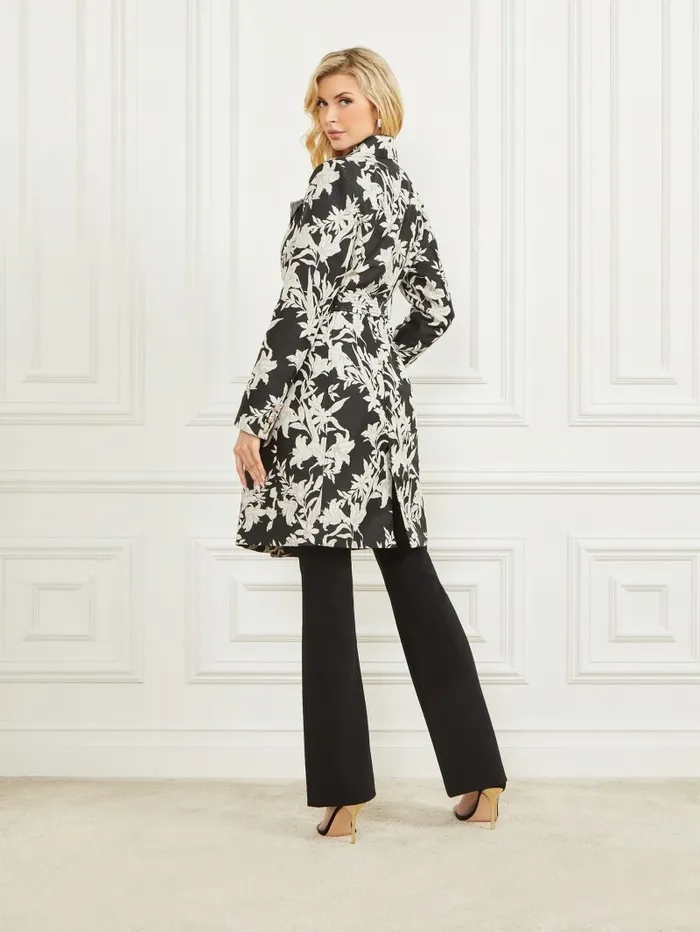GUESS Jackets and Coats Women Sunburst Trench Coat Sunburst Black Print GUESS Jackets and Coats Women Sunburst Trench Coat Sunburst Black Print
