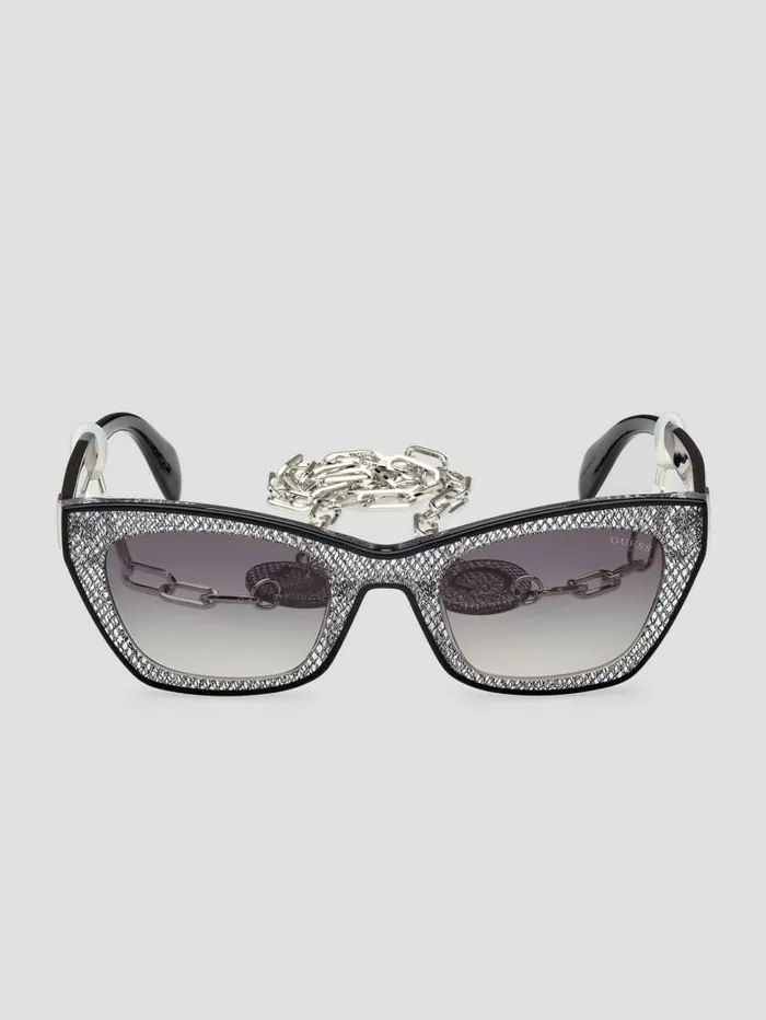 GUESS Metallic Plastic CatEye Sunglasses Silver Women Sunglasses