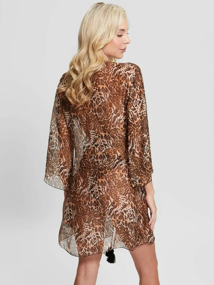 GUESS SilkBlend Kimono Iconic Leopard Combo Women Swimwear GUESS SilkBlend Kimono Iconic Leopard Combo Women Swimwear