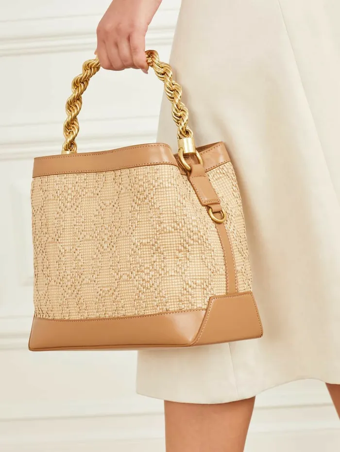 Handbags Women GUESS Aida Straw Woven Bucket Bag White