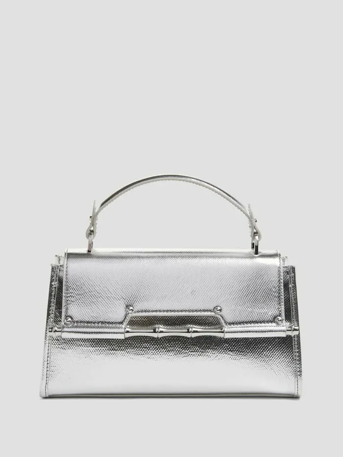 Handbags Women GUESS Iris Metallic Leather Top Handle Bag Silver