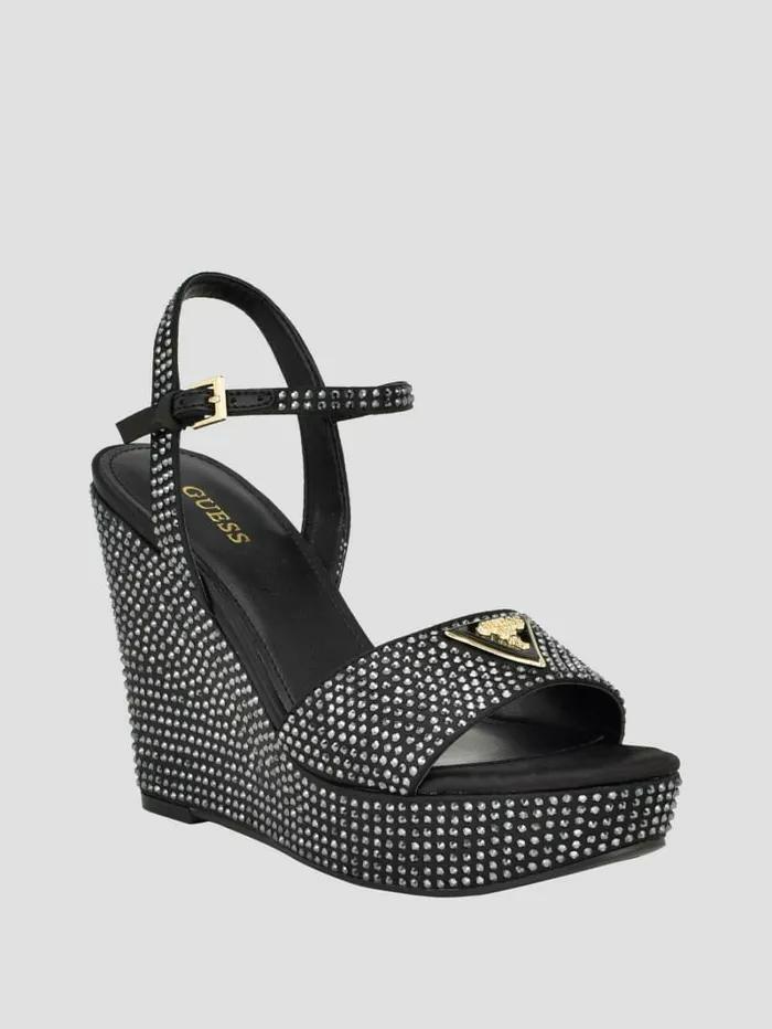 Heels GUESS Women Hippa Rhinestone Wedge Sandals Black 001