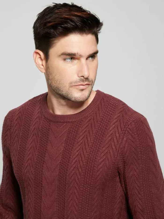Hoodies and Sweaters GUESS Men Eco Ethan Cable Knit Sweater Burgundy Shade