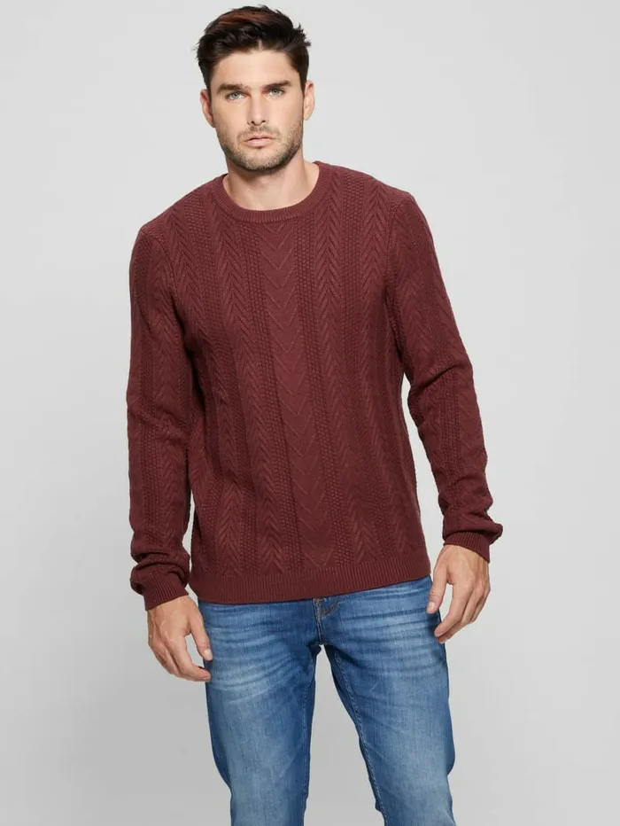 Hoodies and Sweaters GUESS Men Eco Ethan Cable Knit Sweater Burgundy Shade