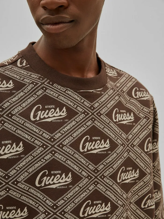 Hoodies and Sweaters Men GUESS GUESS Originals Printed Crewneck Coarse Brown Multi
