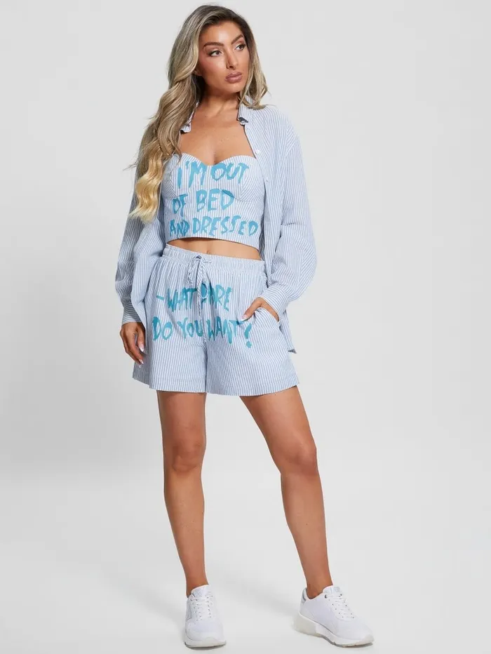 Intimates Striped Gingham Slogan Shorts All I Do Is Chambray Mult GUESS Women Intimates Striped Gingham Slogan Shorts All I Do Is Chambray Mult GUESS Women
