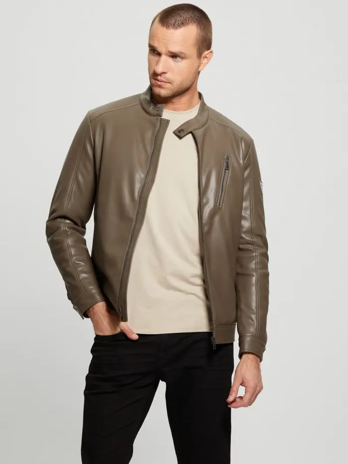Jackets and Coats FauxLeather Biker Jacket General Brown 8211 GUESS Men