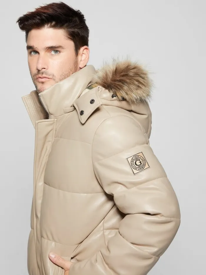 Jackets and Coats GUESS Men FauxLeather Hooded Puffer Jacket Pasadena Stone
