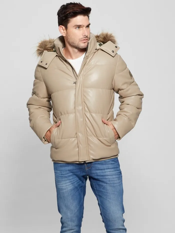 Jackets and Coats GUESS Men FauxLeather Hooded Puffer Jacket Pasadena Stone Jackets and Coats GUESS Men FauxLeather Hooded Puffer Jacket Pasadena Stone