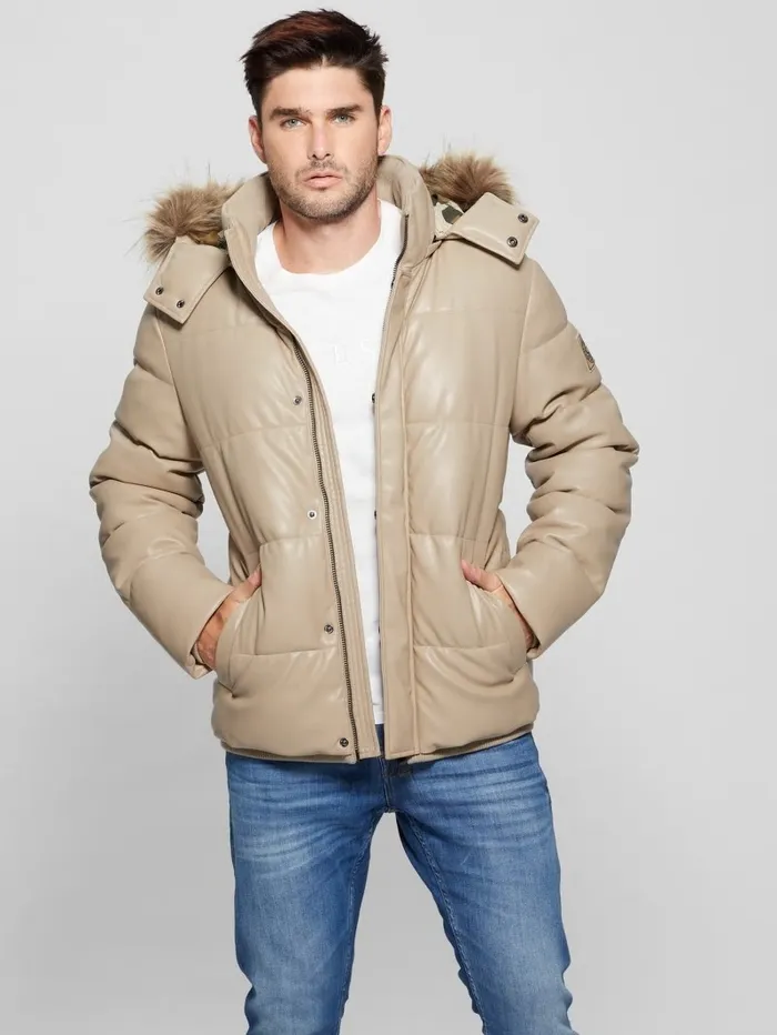 Jackets and Coats GUESS Men FauxLeather Hooded Puffer Jacket Pasadena Stone Jackets and Coats GUESS Men FauxLeather Hooded Puffer Jacket Pasadena Stone