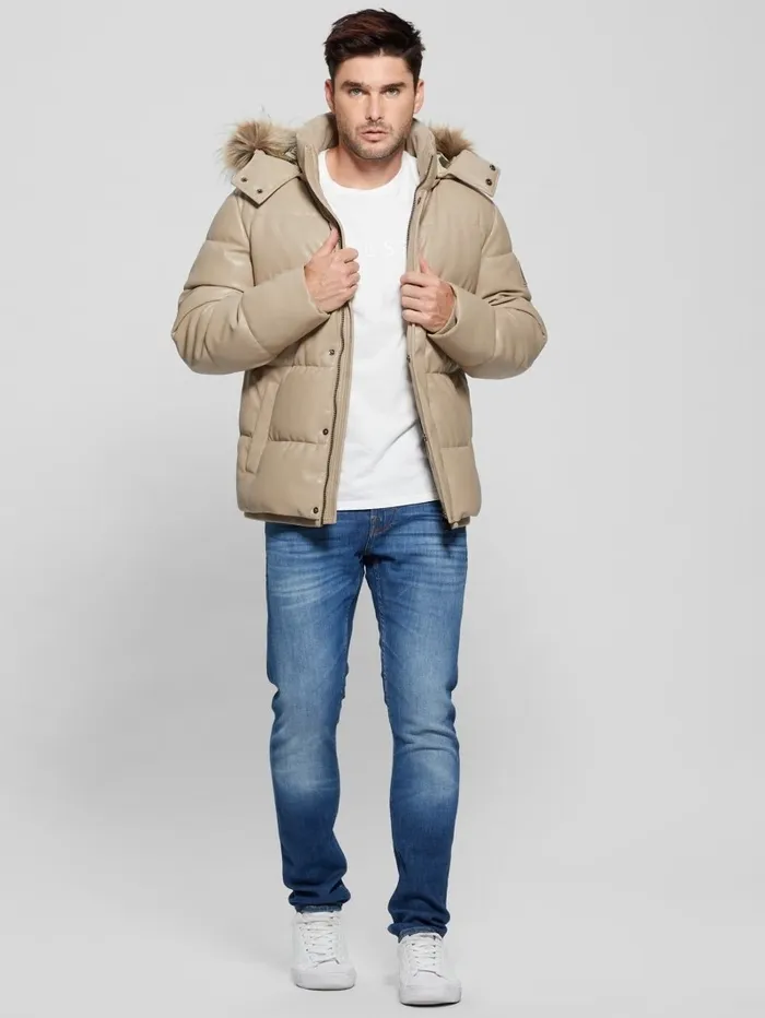 Jackets and Coats GUESS Men FauxLeather Hooded Puffer Jacket Pasadena Stone Jackets and Coats GUESS Men FauxLeather Hooded Puffer Jacket Pasadena Stone