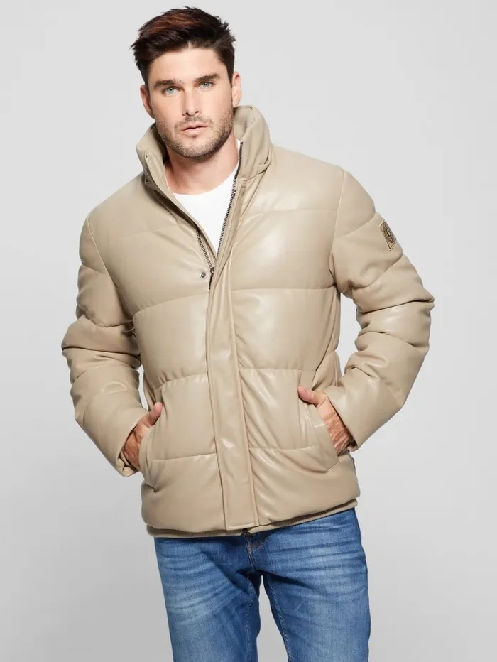 Jackets and Coats GUESS Men FauxLeather Hooded Puffer Jacket Pasadena Stone Jackets and Coats GUESS Men FauxLeather Hooded Puffer Jacket Pasadena Stone