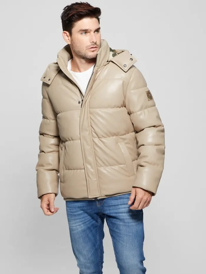 Jackets and Coats GUESS Men FauxLeather Hooded Puffer Jacket Pasadena Stone Jackets and Coats GUESS Men FauxLeather Hooded Puffer Jacket Pasadena Stone