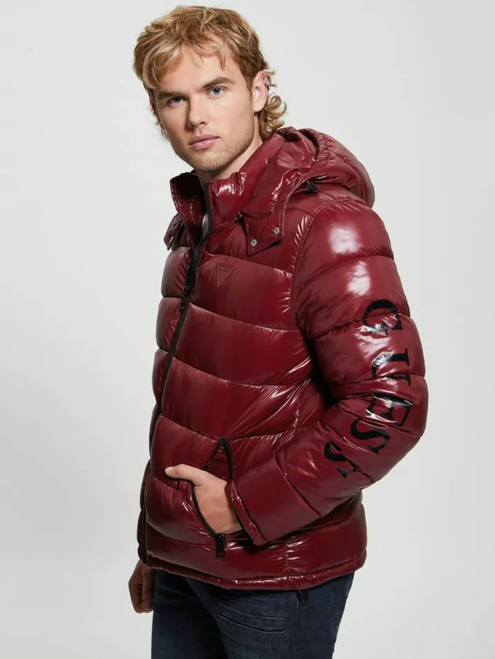 Jackets and Coats GUESS Men Shiny Hooded Puffer Jacket Vino