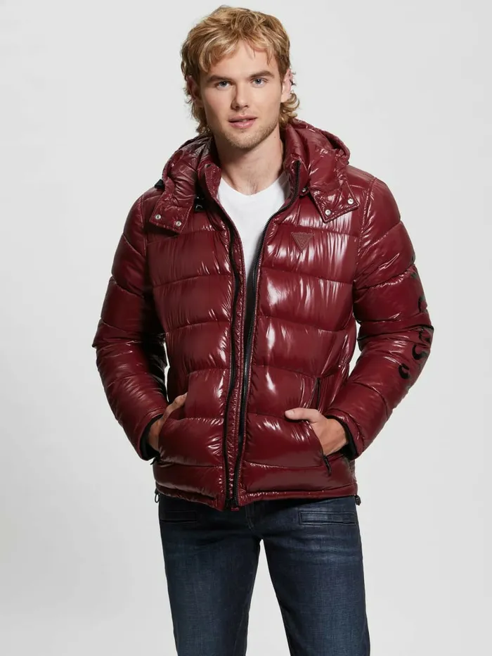 Jackets and Coats GUESS Men Shiny Hooded Puffer Jacket Vino Jackets and Coats GUESS Men Shiny Hooded Puffer Jacket Vino