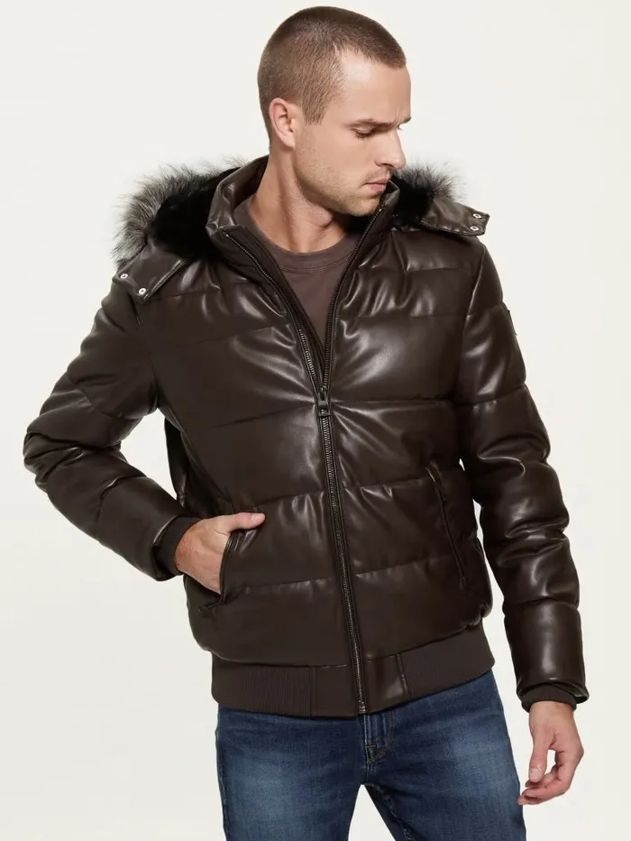 Jackets and Coats GUESS Men Stretch FauxLeather Puffer Jacket Bark Brown