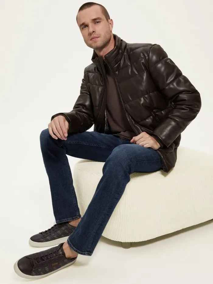 Jackets and Coats GUESS Men Stretch FauxLeather Puffer Jacket Bark Brown Jackets and Coats GUESS Men Stretch FauxLeather Puffer Jacket Bark Brown