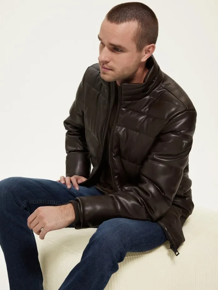 Jackets and Coats GUESS Men Stretch FauxLeather Puffer Jacket Bark Brown Jackets and Coats GUESS Men Stretch FauxLeather Puffer Jacket Bark Brown