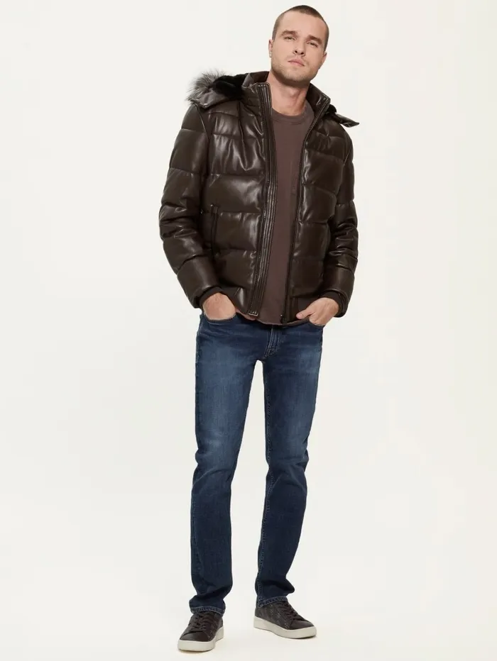 Jackets and Coats GUESS Men Stretch FauxLeather Puffer Jacket Bark Brown Jackets and Coats GUESS Men Stretch FauxLeather Puffer Jacket Bark Brown