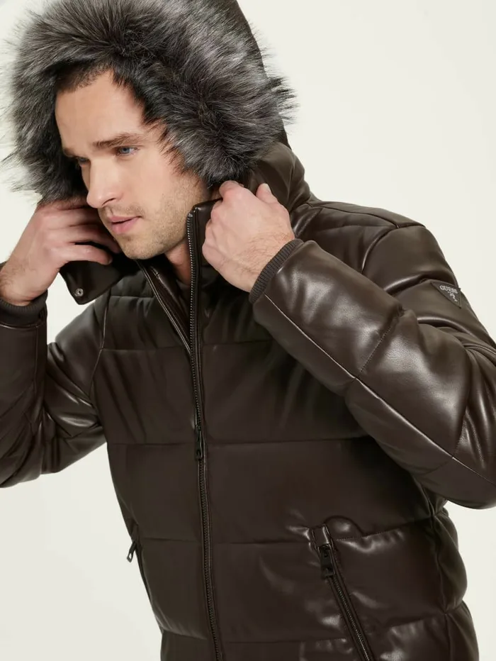 Jackets and Coats GUESS Men Stretch FauxLeather Puffer Jacket Bark Brown Jackets and Coats GUESS Men Stretch FauxLeather Puffer Jacket Bark Brown