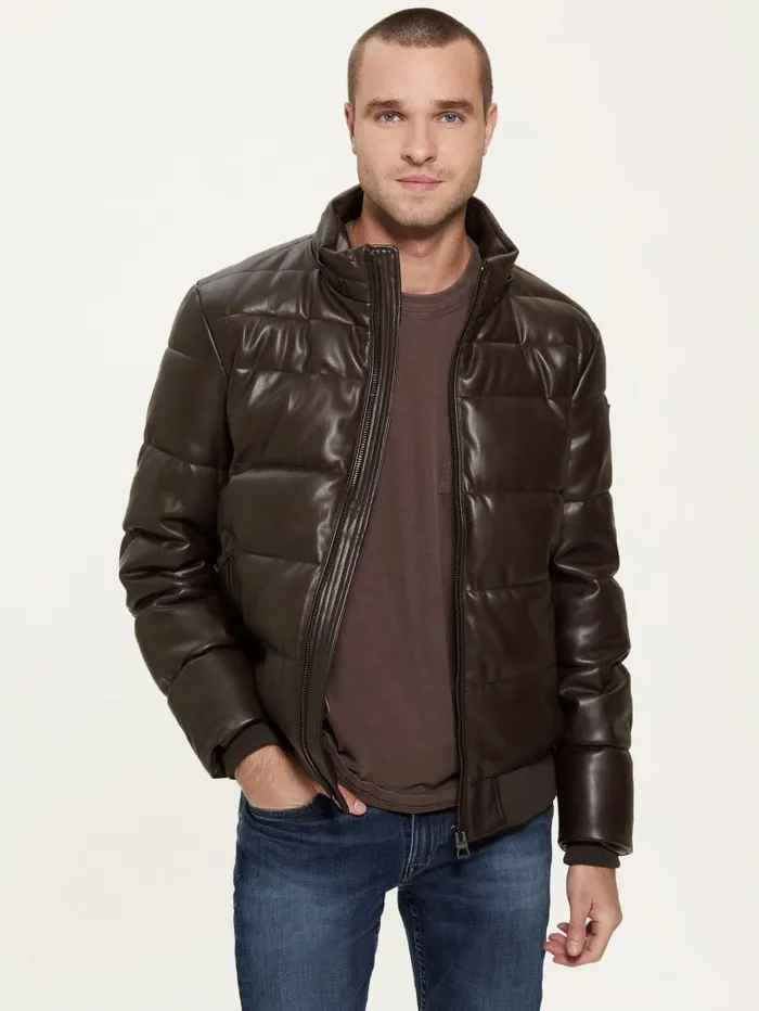 Jackets and Coats GUESS Men Stretch FauxLeather Puffer Jacket Bark Brown Jackets and Coats GUESS Men Stretch FauxLeather Puffer Jacket Bark Brown