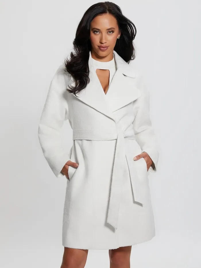 Jackets and Coats GUESS Women Eco Patrizia Belted Coat Cream White Jackets and Coats GUESS Women Eco Patrizia Belted Coat Cream White