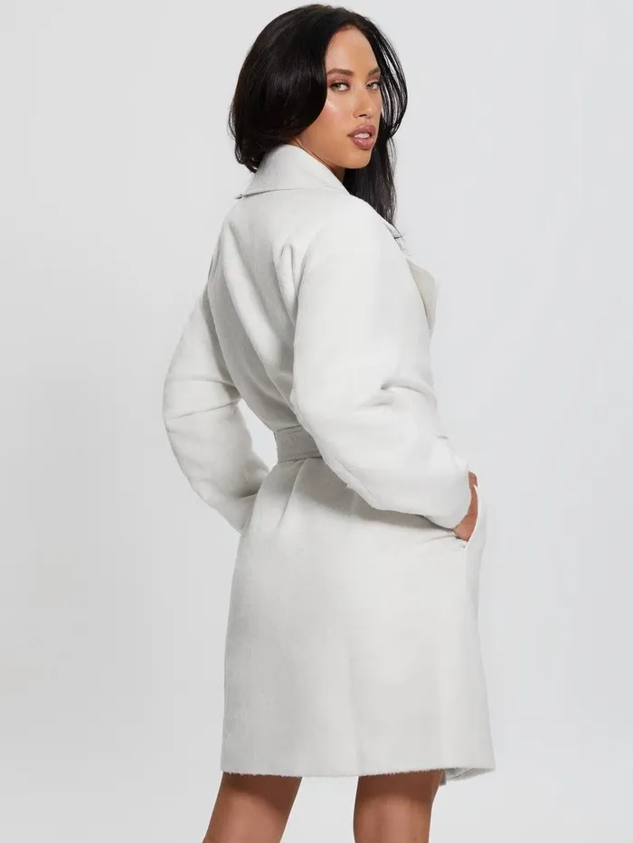 Jackets and Coats GUESS Women Eco Patrizia Belted Coat Cream White Jackets and Coats GUESS Women Eco Patrizia Belted Coat Cream White