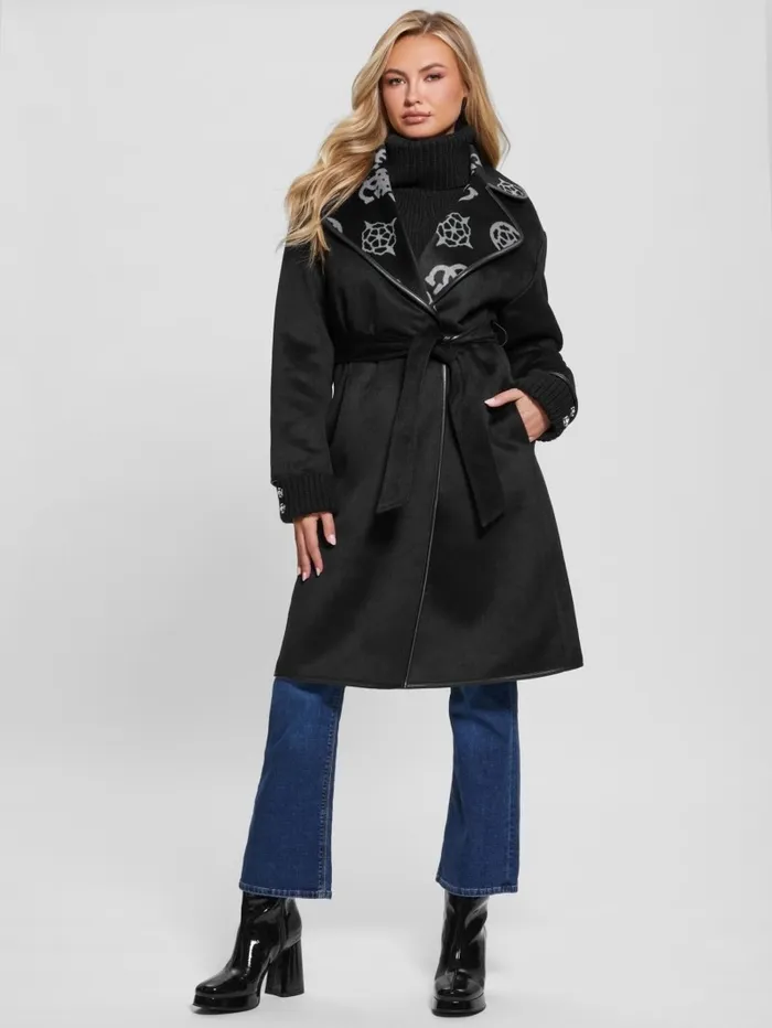 Jackets and Coats GUESS Women Ludovica WoolBlend Wrap Coat Jacquard Logo Black Combo Jackets and Coats GUESS Women Ludovica WoolBlend Wrap Coat Jacquard Logo Black Combo