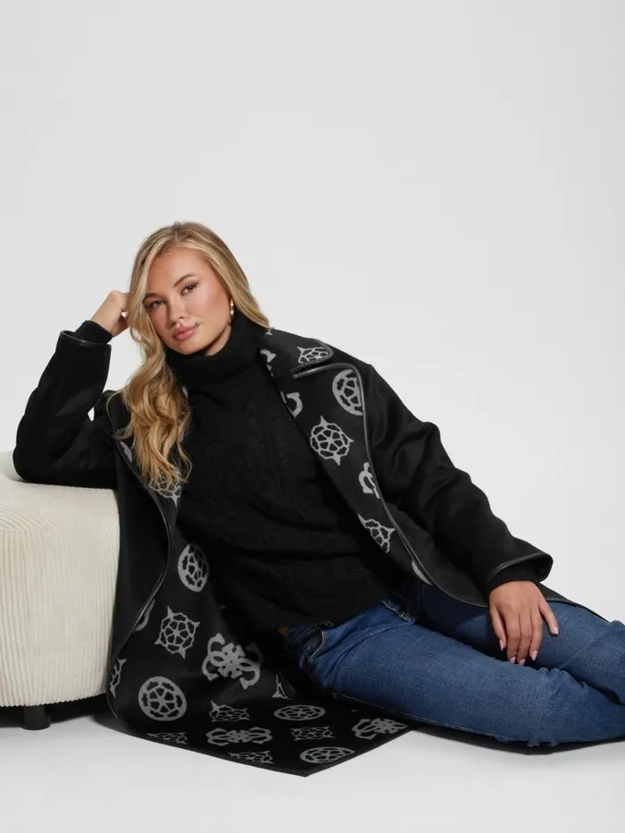 Jackets and Coats GUESS Women Ludovica WoolBlend Wrap Coat Jacquard Logo Black Combo Jackets and Coats GUESS Women Ludovica WoolBlend Wrap Coat Jacquard Logo Black Combo