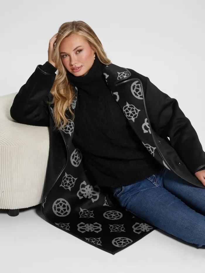 Jackets and Coats GUESS Women Ludovica WoolBlend Wrap Coat Jacquard Logo Black Combo Jackets and Coats GUESS Women Ludovica WoolBlend Wrap Coat Jacquard Logo Black Combo