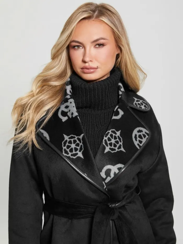 Jackets and Coats GUESS Women Ludovica WoolBlend Wrap Coat Jacquard Logo Black Combo Jackets and Coats GUESS Women Ludovica WoolBlend Wrap Coat Jacquard Logo Black Combo