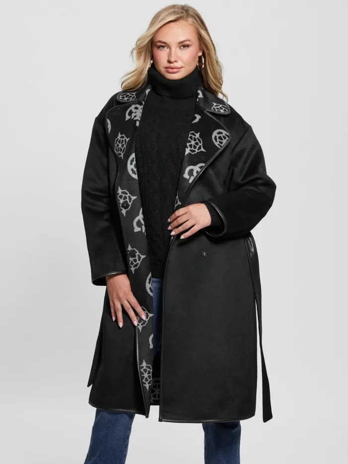Jackets and Coats GUESS Women Ludovica WoolBlend Wrap Coat Jacquard Logo Black Combo Jackets and Coats GUESS Women Ludovica WoolBlend Wrap Coat Jacquard Logo Black Combo