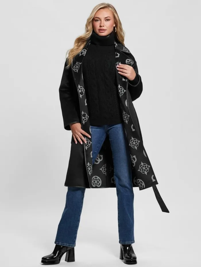 Jackets and Coats GUESS Women Ludovica WoolBlend Wrap Coat Jacquard Logo Black Combo Jackets and Coats GUESS Women Ludovica WoolBlend Wrap Coat Jacquard Logo Black Combo