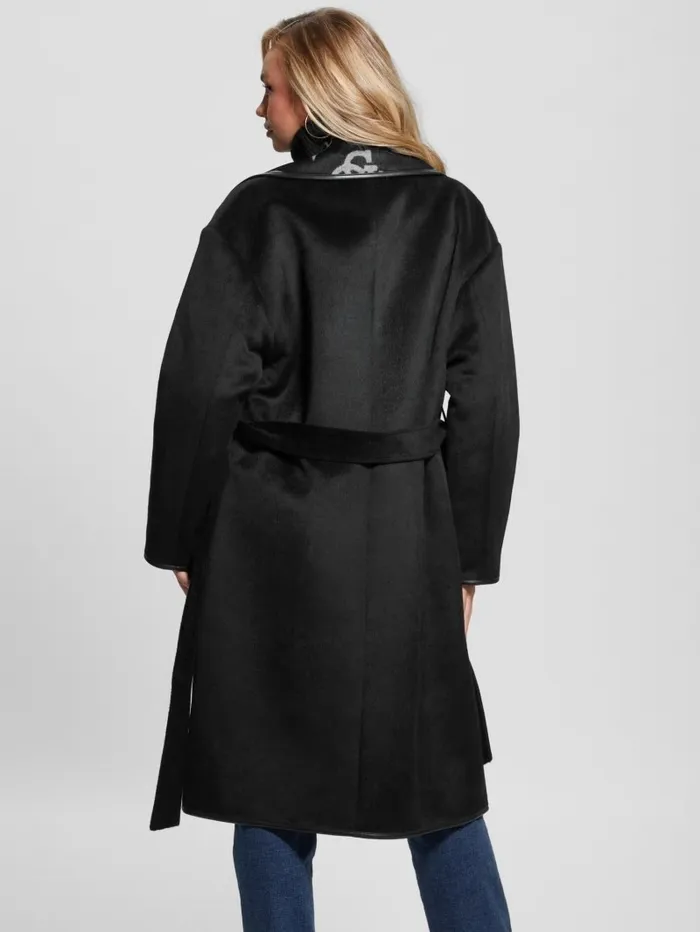 Jackets and Coats GUESS Women Ludovica WoolBlend Wrap Coat Jacquard Logo Black Combo Jackets and Coats GUESS Women Ludovica WoolBlend Wrap Coat Jacquard Logo Black Combo