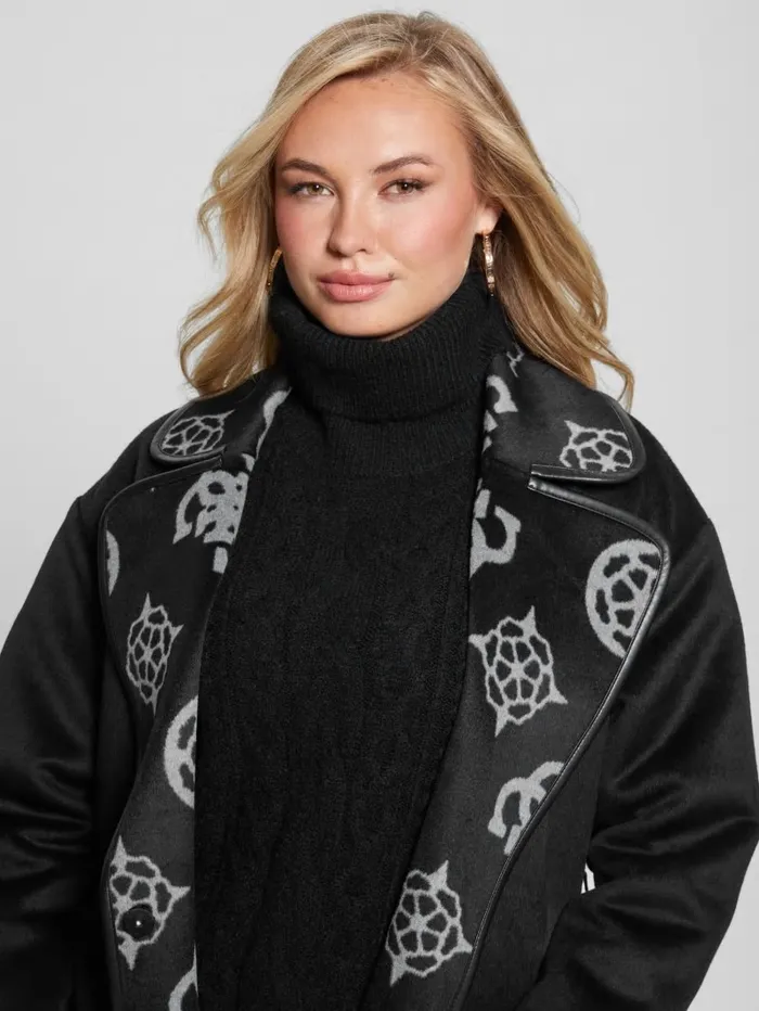 Jackets and Coats GUESS Women Ludovica WoolBlend Wrap Coat Jacquard Logo Black Combo Jackets and Coats GUESS Women Ludovica WoolBlend Wrap Coat Jacquard Logo Black Combo
