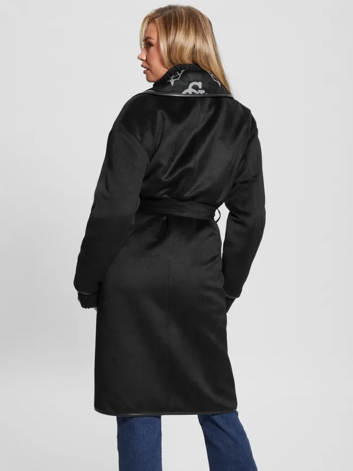 Jackets and Coats GUESS Women Ludovica WoolBlend Wrap Coat Jacquard Logo Black Combo Jackets and Coats GUESS Women Ludovica WoolBlend Wrap Coat Jacquard Logo Black Combo
