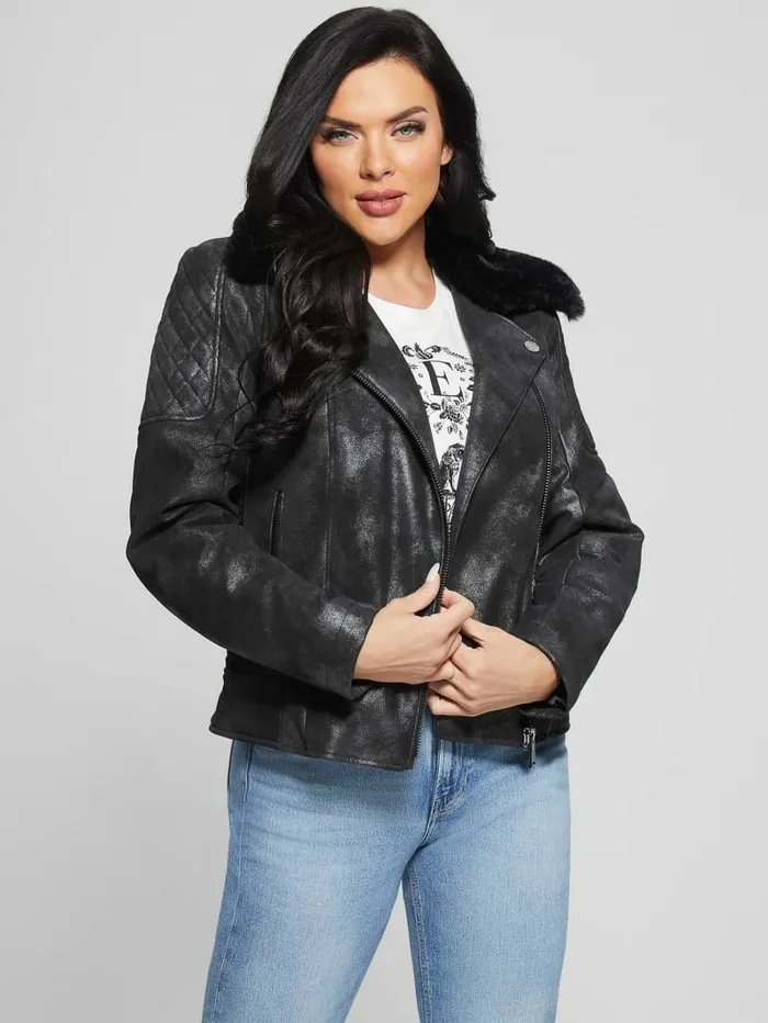 Jackets and Coats GUESS Women Olivia FauxLeather Moto Jacket Jet Black Multi