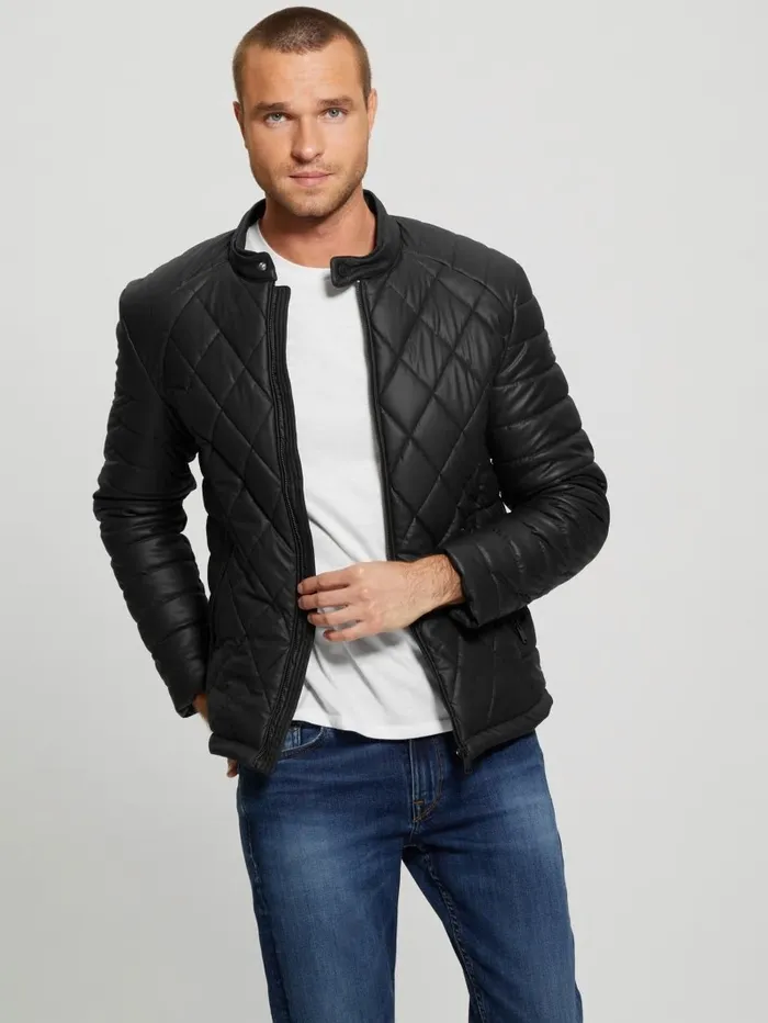 Jackets and Coats Men Diamond Quilted FauxLeather Jacket Black GUESS