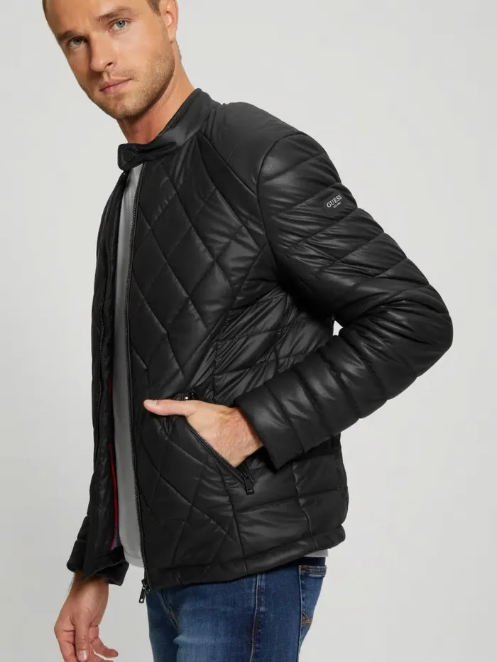 Jackets and Coats Men Diamond Quilted FauxLeather Jacket Black GUESS