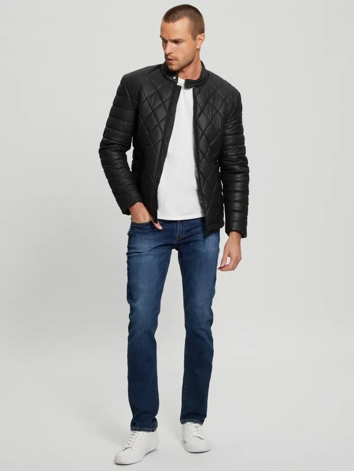 Jackets and Coats Men Diamond Quilted FauxLeather Jacket Black GUESS