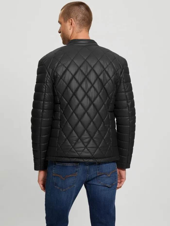 Jackets and Coats Men Diamond Quilted FauxLeather Jacket Black GUESS