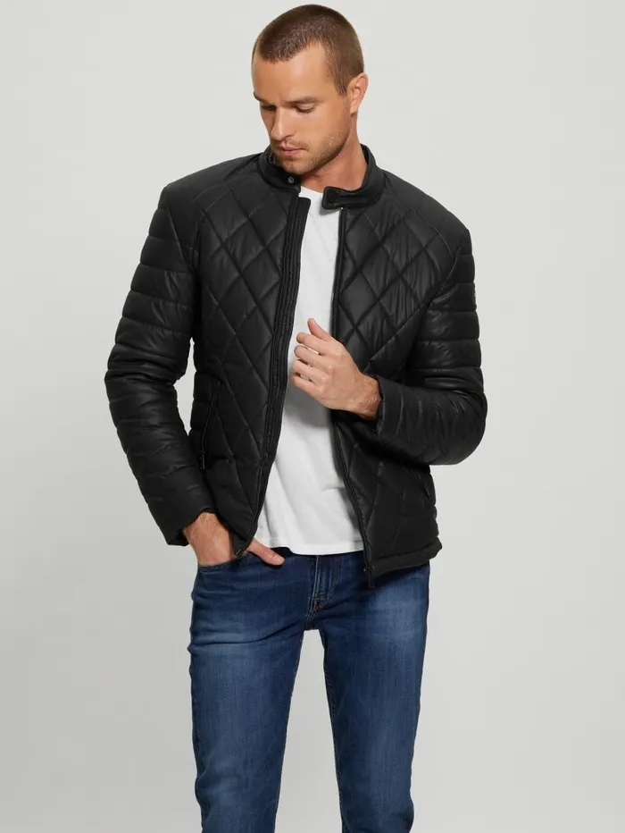 Jackets and Coats Men Diamond Quilted FauxLeather Jacket Black GUESS