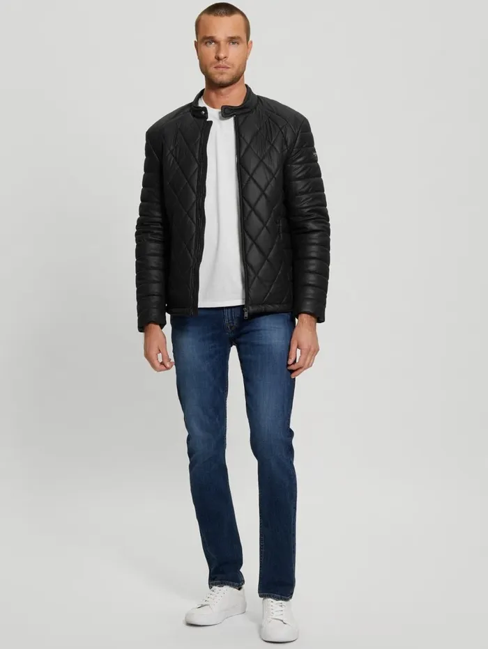 Jackets and Coats Men Diamond Quilted FauxLeather Jacket Black GUESS