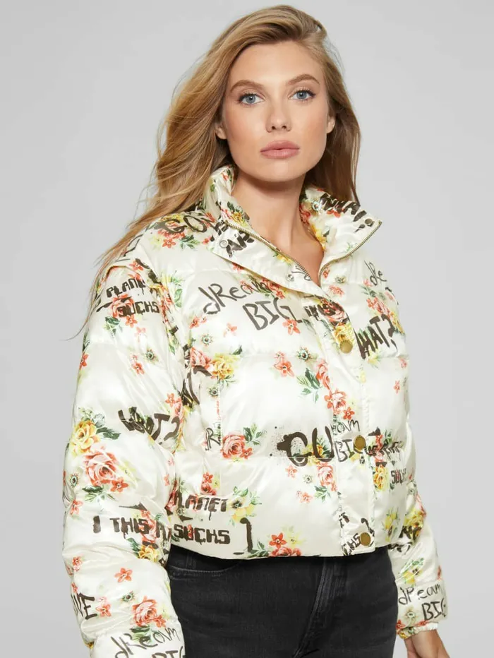 Jackets and Coats Women GUESS Wilde Convertible Puffer Jacket Tagged Roses Print Large Jackets and Coats Women GUESS Wilde Convertible Puffer Jacket Tagged Roses Print Large