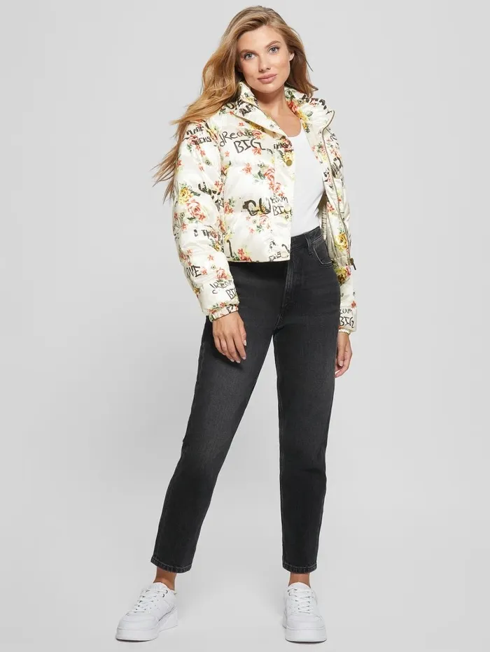 Jackets and Coats Women GUESS Wilde Convertible Puffer Jacket Tagged Roses Print Large