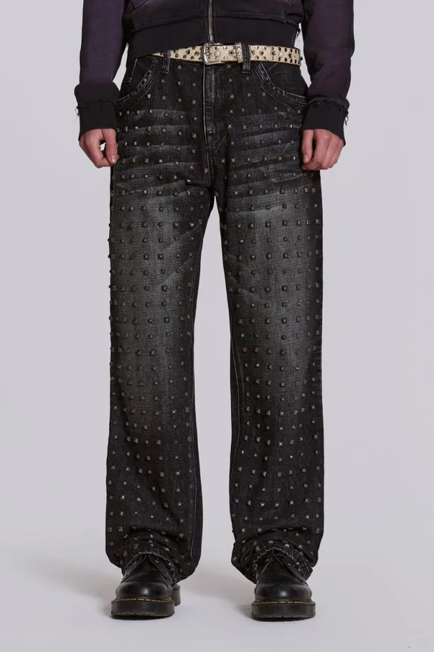 Jaded London Baggy Jeans Men Washed Black Stud Scott Jean Black
